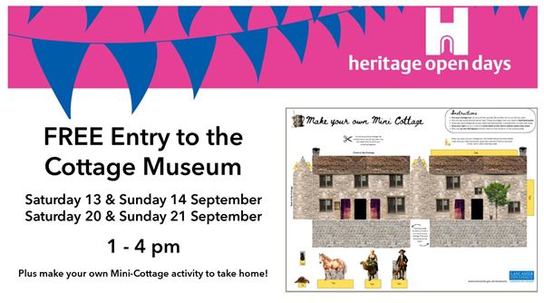 Graphic with Heritage Open Day logo and picture of activity sheet for making cutout paper model of small stone cottage.